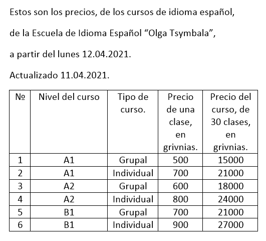 Estos son los nuevos precios de la Escuela de Idioma Español "Olga Tsymbala"