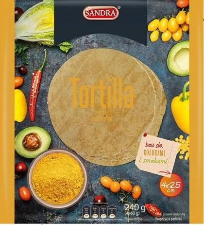 Tortillas de trigo, amarillas, con sabor a curri. Sandra. 4x25 cm. 240g.
