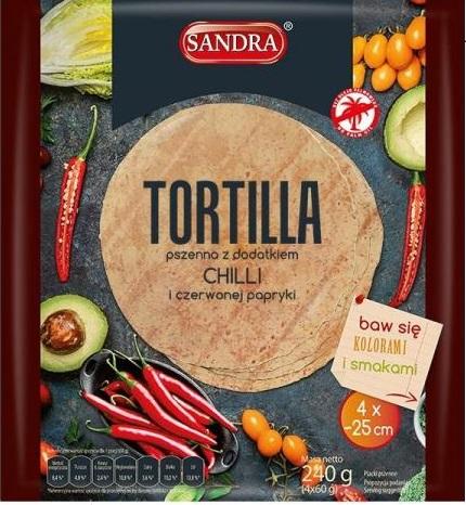 Tortilllas de trigo con chile y pimiento rojo. Sandra. 4 x 25cm. 240g.