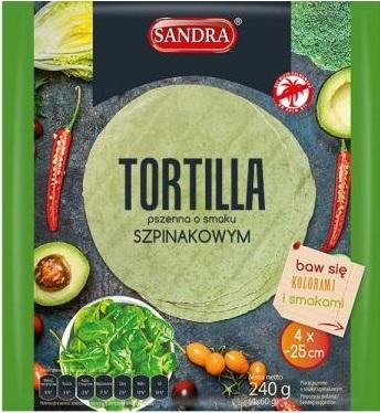 Tortillas de trigo, verdes, con sabor a espinaca. Sandra. 4x25 cm. 240g.